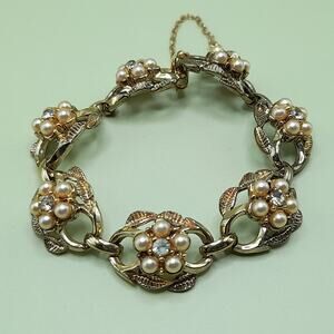 Vintage Coro Pearl Rhinestone Bracelet Gold Tone Floral 1960s